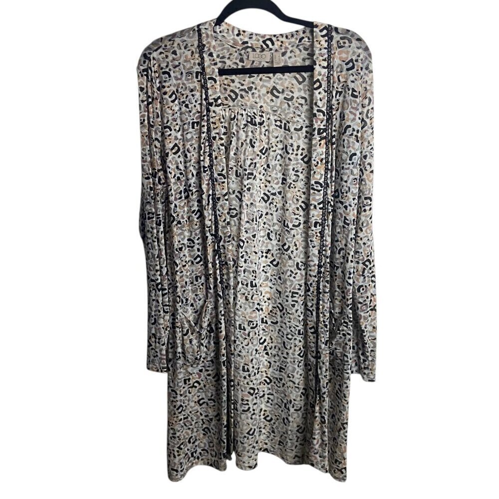 Logo by Lori Goldstein Size L Mesh Animal Print Open Front Duster Cardigan Tan - Picture 1 of 6
